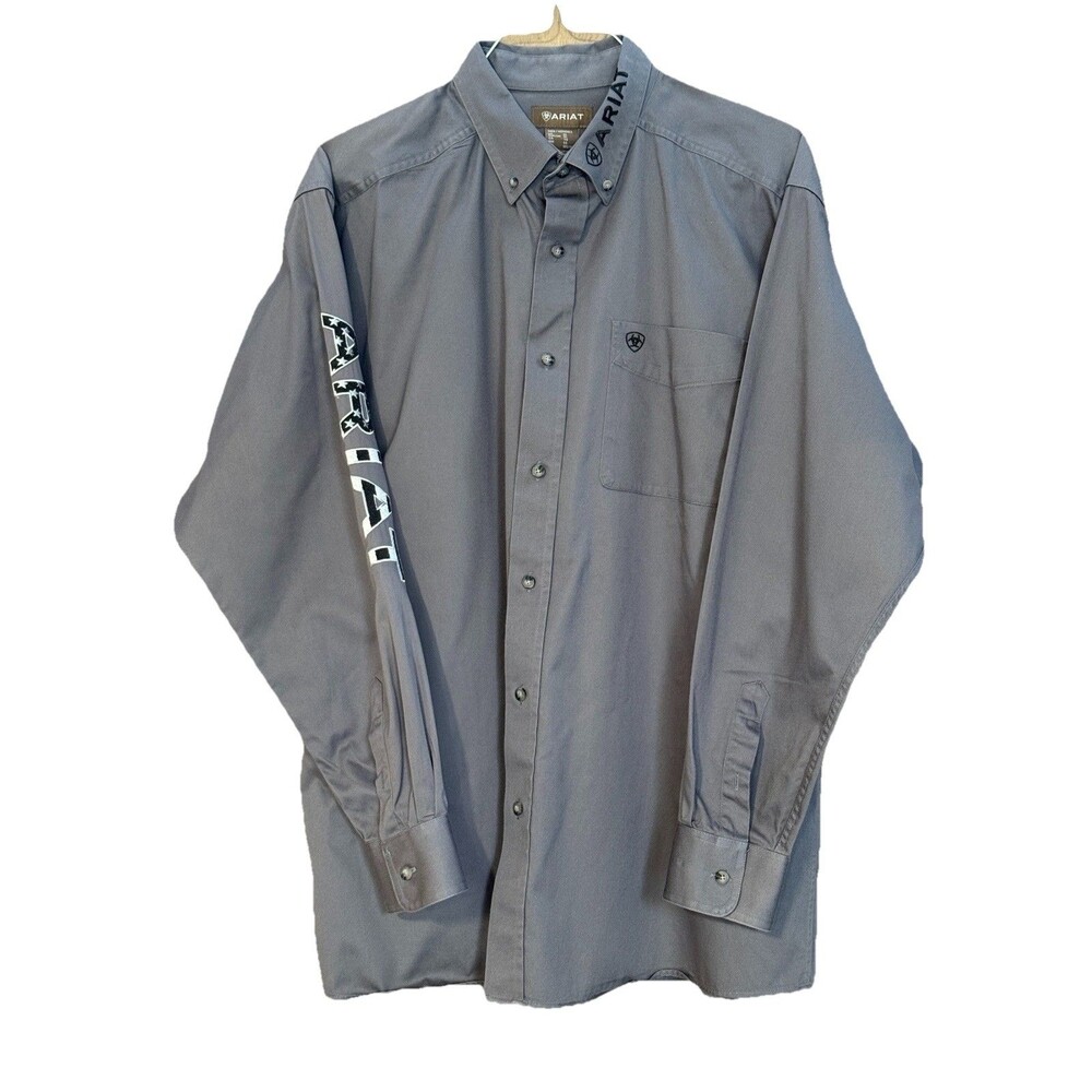 Ariat Gray Cotton Twill Shirt Long Sleeve Button-Up Embroidered Logo Size XL